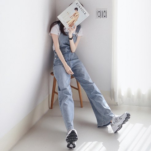 수비진 롱 와이드 멜빵 청바지