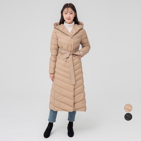 캐럿 여성용 경량 덕다운 오리털 랩 후드 롱 코트